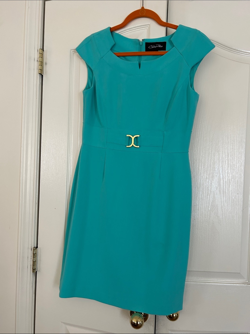 Chadwicks Teal Cap-Sleeve Sheath Dress with Gold Accent